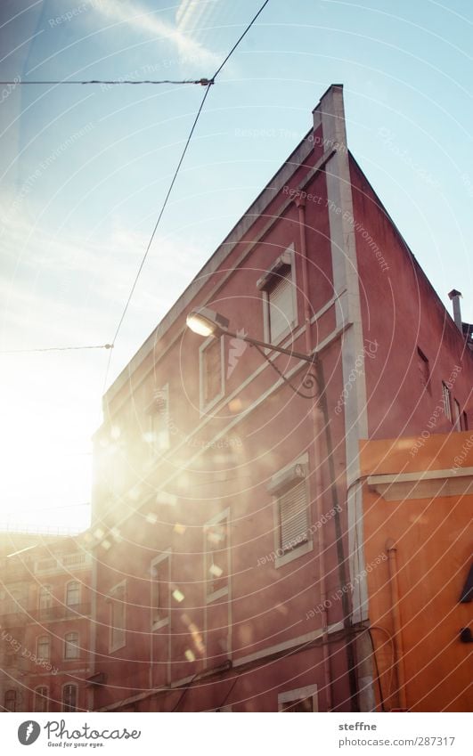 Sun in colour Cloudless sky Sunlight Beautiful weather Lisbon Portugal House (Residential Structure) Wall (barrier) Wall (building) Facade Window Warmth Tram