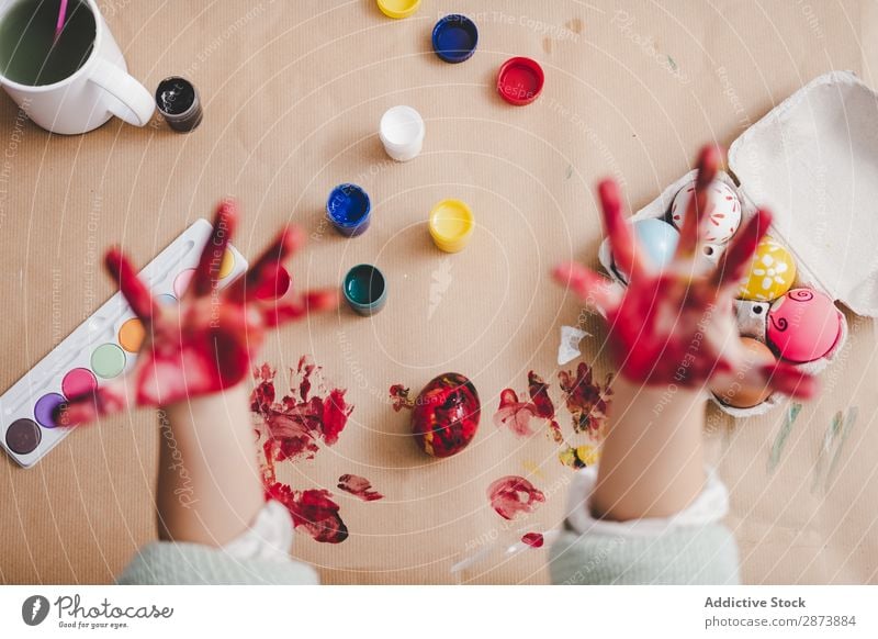 Child showing dirty hands near chicken eggs and colors at table Hand Easter Egg Dirty Indicate Painting (action, artwork) Palm of the hand Table Chicken