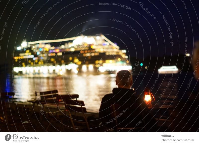 Large illuminated passenger ship at night, luxury steamer Passenger ship Night Water River bank Beach Hamburg Inland navigation Cruise Cruise liner Harbour