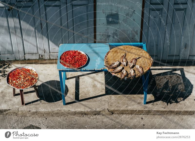 Fish and red chillies dry on a blue table Food Vegetable Herbs and spices Asian Food Bowl Healthy Eating Fishing (Angle) Vacation & Travel Tourism