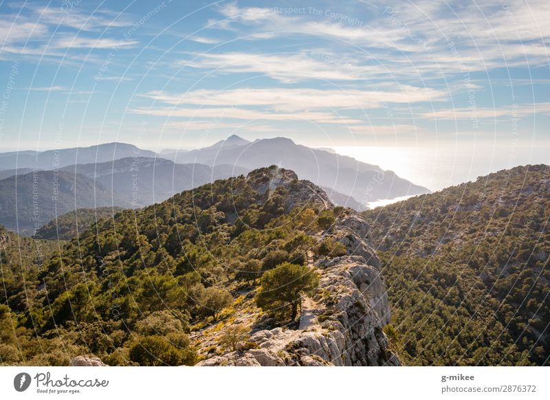 Hiking on the mountain ridge of Mallorca Summer vacation Ocean Mountain Nature Landscape Earth Water Sky Beautiful weather Rock Peak Coast Island Discover