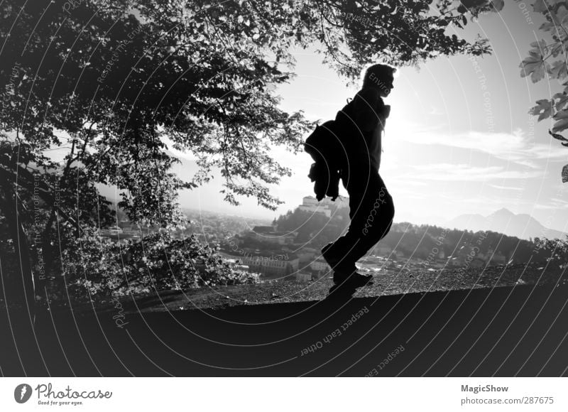 Hiking in Salzburg Masculine Young man Youth (Young adults) 1 Human being Athletic Forest Fortress Heaven Backpack Wall (barrier) To go for a walk