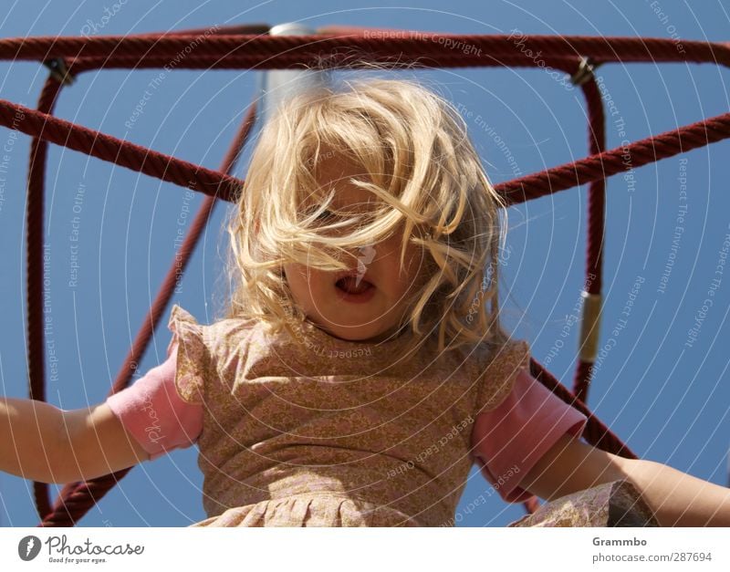 climb Feminine Child Girl Hair and hairstyles 1 Human being 3 - 8 years Infancy Blue Climbing Playground Colour photo Exterior shot Upward