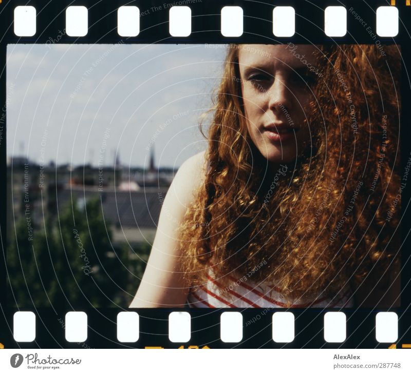 summer air Young woman Youth (Young adults) Hair and hairstyles Freckles 18 - 30 years Adults Roof Vantage point Top Red-haired Long-haired Curl Looking Sit