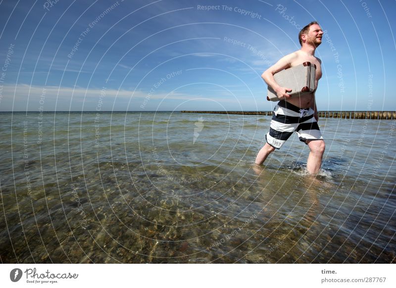 Hiddensee | Rescue Diver Human being Masculine Man Adults 1 Environment Nature Water Sky Beautiful weather Waves Coast Baltic Sea Break water Swimming trunks