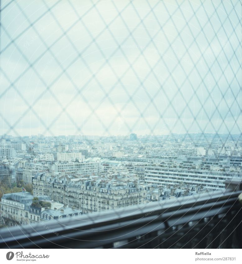 Paris III France Town Capital city Populated House (Residential Structure) Eiffel Tower Blue Handrail Fence Wire netting fence Vantage point Sky Sky blue