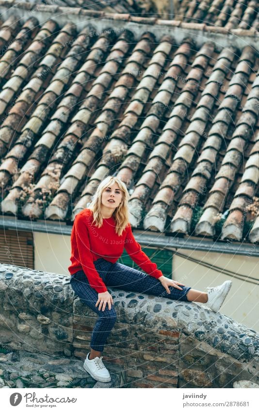 Woman sitting near beautiful roofs of charming old houses. Lifestyle Style Beautiful Hair and hairstyles Human being Feminine Young woman Youth (Young adults)