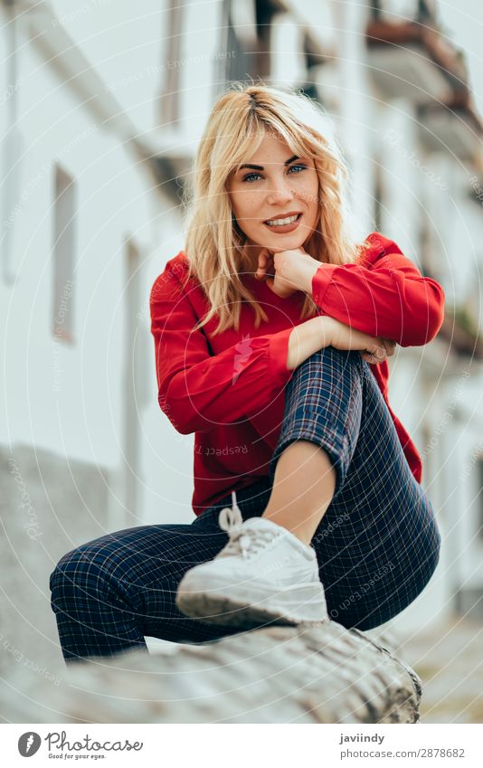 Smiling blonde girl with red shirt enjoying life outdoors. Lifestyle Style Happy Beautiful Hair and hairstyles Human being Feminine Young woman