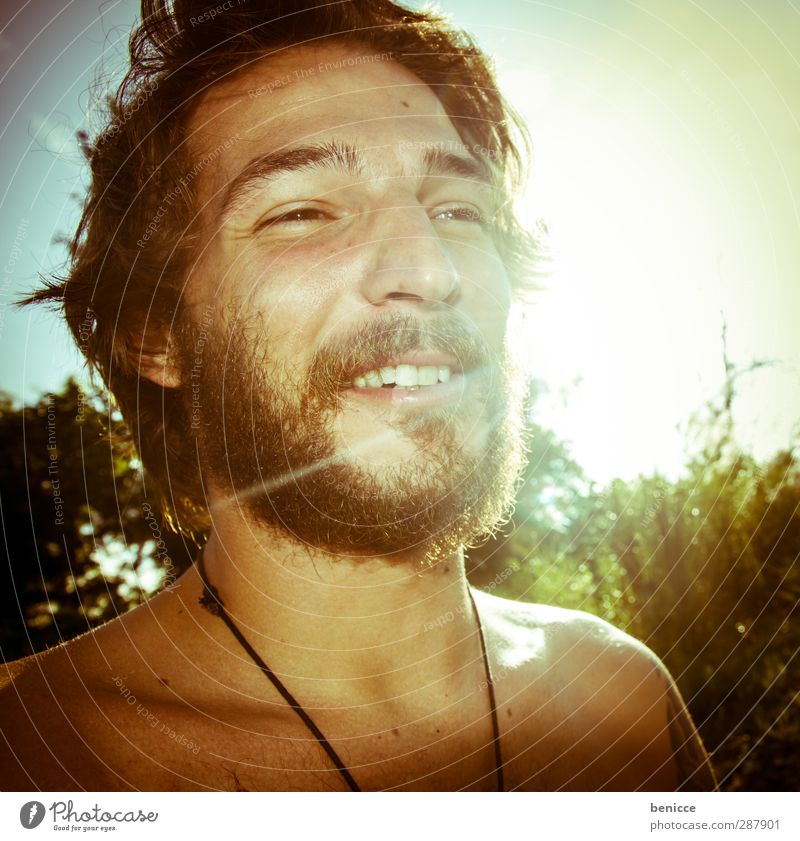 settler Man Human being Young man Back-light Hermit Facial hair Beard Sun Sunlight Laughter Smiling Joy Nature Summer Summery Eroticism Attractive European