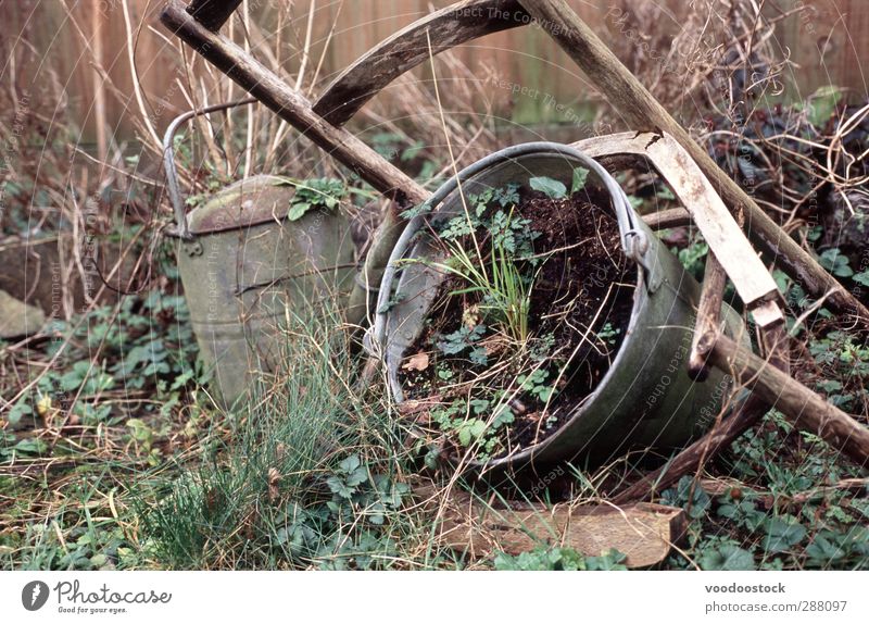 secret garden Garden Chair Earth Grass Wild plant Watering can Metal Old Brown Green Damage Weed Overgrown Derelict rotten Fence Bucket Broken decreptit