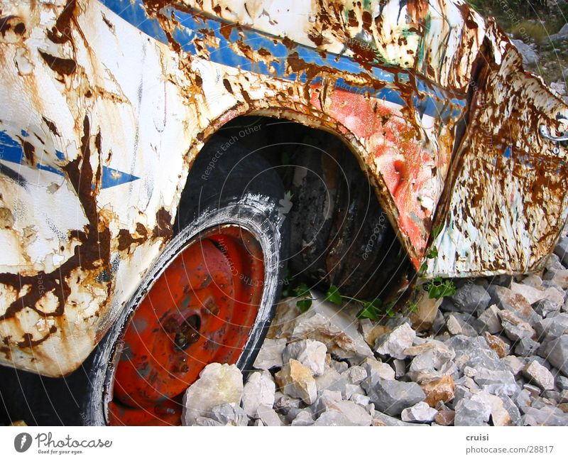 Rust in gravel Broken Scrap metal Tin Bulge Gravel Trash Obscure rust bucket Car Nature Old Technology