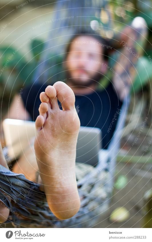 food Feet Toes Hammock Tattoo Tattooed Legs Man Human being Young man Lie Summer Exterior shot Barefoot Nature White Caucasian European Close-up