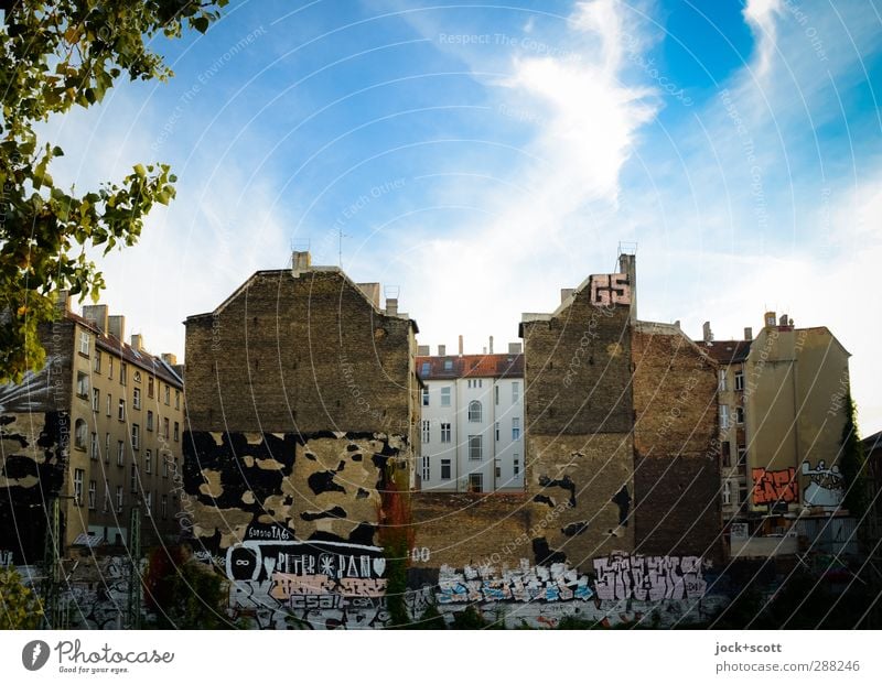 Postcard motif Prenzlauer Berg Sky Clouds Summer Beautiful weather Capital city Town house (City: Block of flats) Facade Chimney Fire wall Characters Graffiti