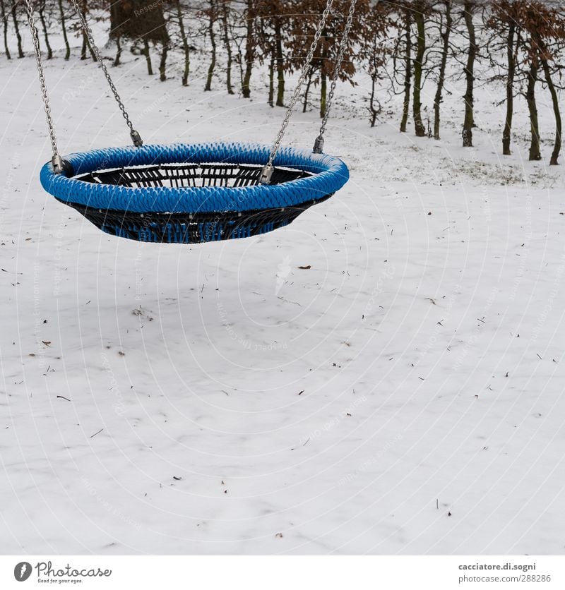 Just relax Relaxation Winter Snow Park Deserted Playground Swing To swing Playing Free Round Blue Joy Loneliness Exhaustion Movement Leisure and hobbies Cold