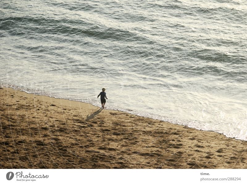 adventure holiday Child Boy (child) Infancy Life 3 - 8 years Sand Water Beautiful weather Waves Coast Beach Observe Walking Playing Small Wet Joy Happy