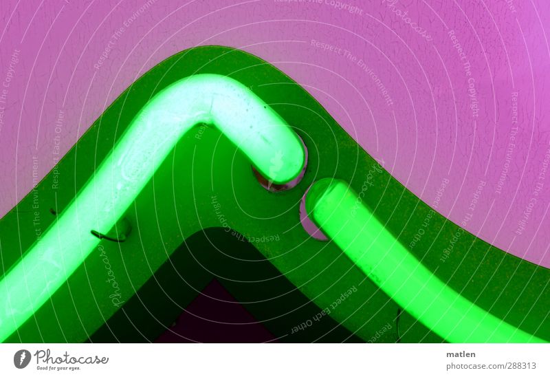 the highlight Wood Sign Characters Illuminate Green Violet Neon light Advertising Checkmark Curve discontinuity Colour photo Exterior shot Deserted