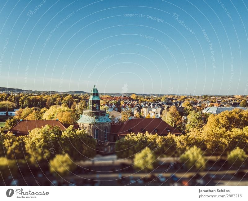 View over Zwickau in autumn with museum Landscape Town Skyline Esthetic Blue sky Museum Art collection Tilt-Shift Multicoloured Tree Autumn Mood lighting Roof