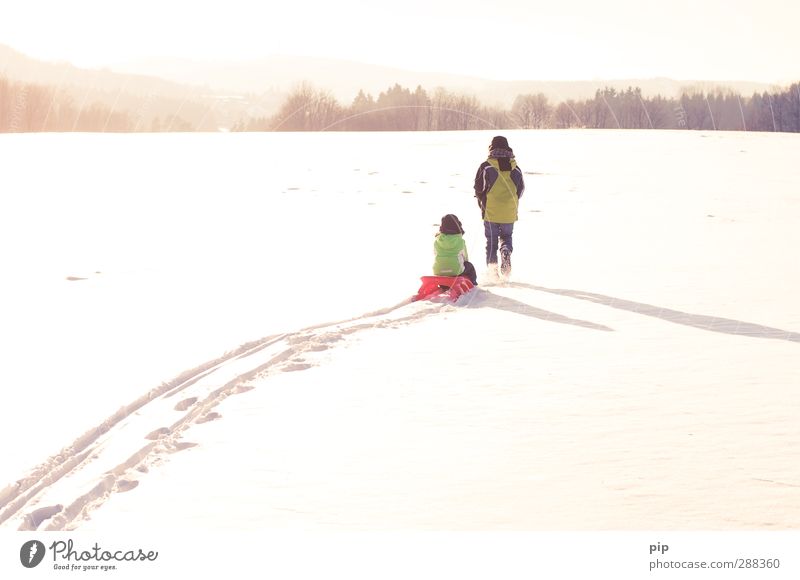 oh, what fun it is to ride Trip Winter vacation Hiking Human being Toddler Boy (child) Back 2 Environment Nature Landscape Sunlight Beautiful weather Ice Frost