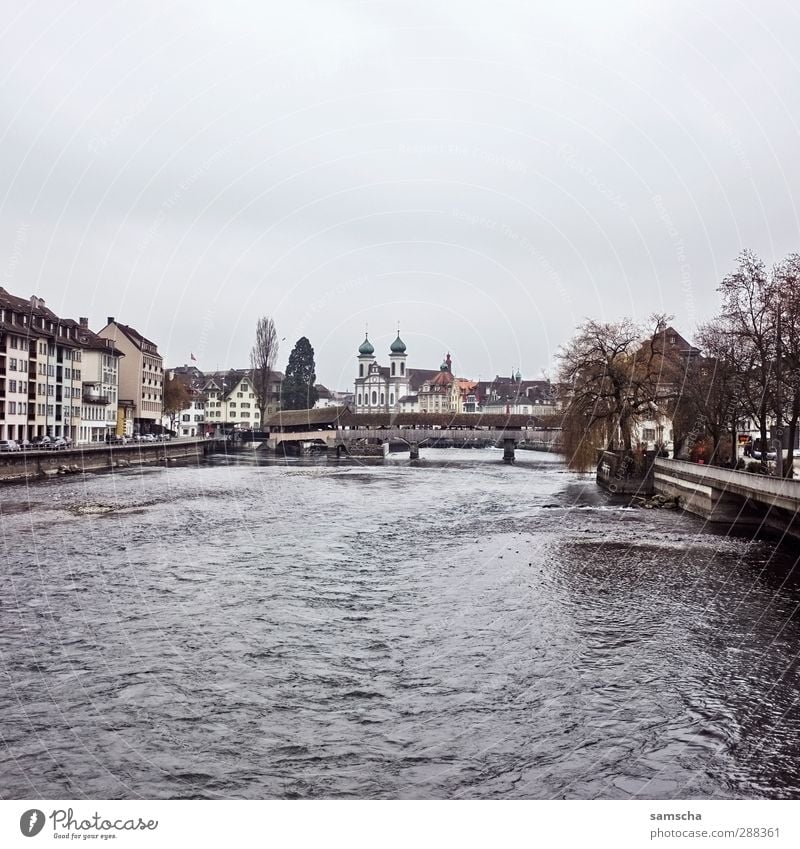 Lucerne Environment Water Sky Clouds River bank Town Downtown Old town Bridge Dark Historic Wet Gray Switzerland reuss Riverbed River water Flow Wooden bridge