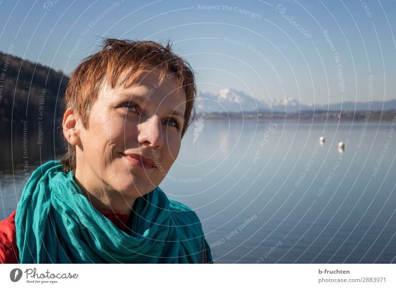 Woman at the lake, portrait Vacation & Travel Adults Face 1 Human being 30 - 45 years Nature Landscape Sky Spring Alps Mountain Lake To enjoy Happiness