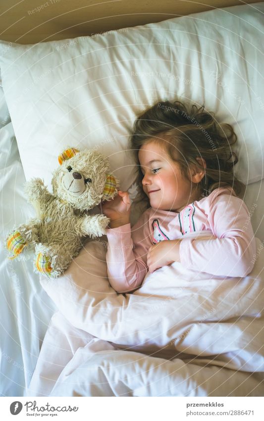 Little girl lying in a bed with teddy bear at the morning Happy Beautiful Playing Child Human being Woman Adults Toys Teddy bear Sleep Happiness Small Cute Bear