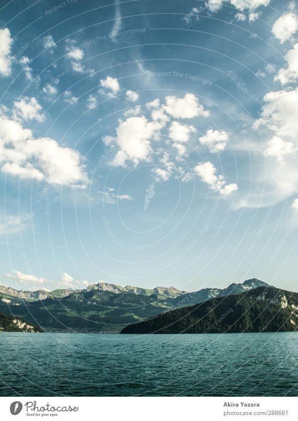 Where heaven, mountains and water meet. Landscape Air Water Sky Clouds Summer Beautiful weather Alps Mountain Snowcapped peak Lake Lake Lucerne Touch Relaxation