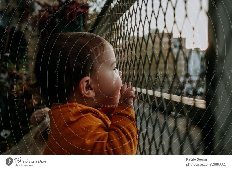 Baby looking from balcony Balcony Colour photo Exterior shot Day House (Residential Structure) Wall (barrier) Living or residing lockdown Quarantine