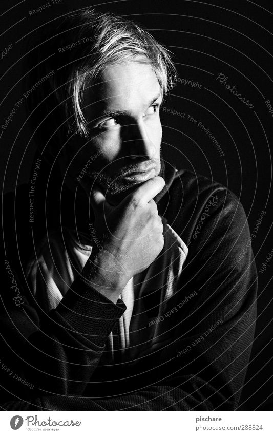 The Thinker (he thinks) Masculine Man Adults Blonde Designer stubble Dark Sharp-edged Black Calm Advice Concentrate Puzzle Black & white photo Interior shot