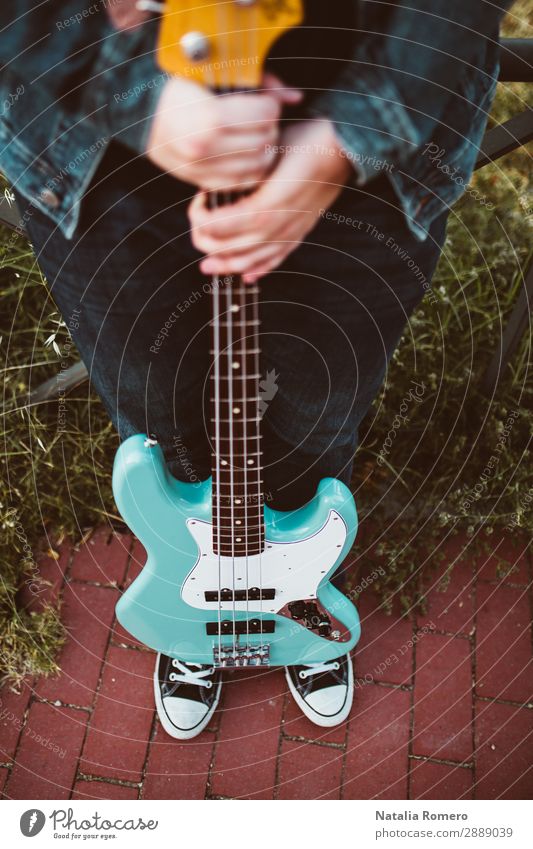 outdoor photo session with a bass player and his instruments Playing Entertainment Music Human being Man Adults Concert Band Musician Guitar Nature Rock Black