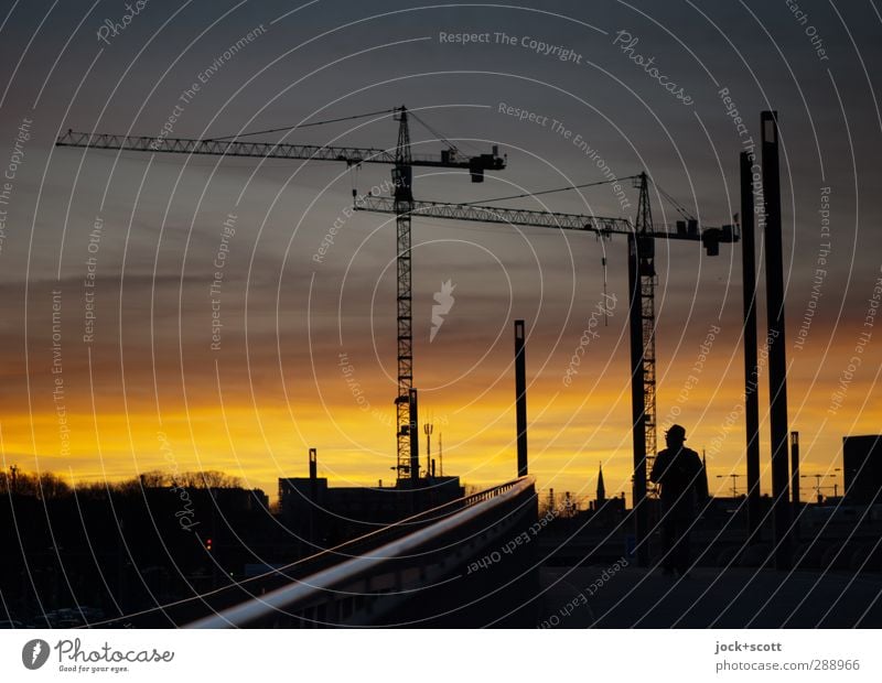 Decline over the bridge Sky Winter Bridge rail Romance Lanes & trails Crane Column Site Twilight Evening Silhouette Sunlight Sunset Back-light Low-key