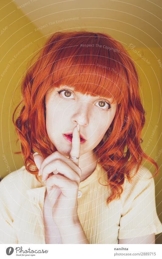 Young redhead woman doing a silent gesture Lifestyle Style Beautiful Hair and hairstyles Skin Face Calm Human being Feminine Young woman Youth (Young adults)