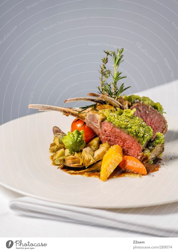 Delicious Lamb Meat Vegetable Potatoes Artichoke Rosemary Nutrition Organic produce Plate Napkin Luxury Style Esthetic Fragrance Elegant Fresh Healthy Modern