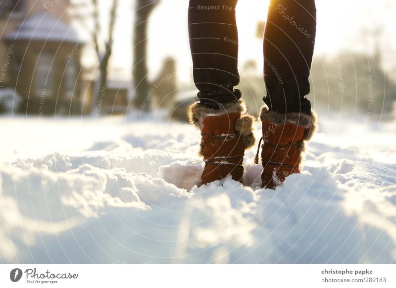 winter magic Winter Snow Winter vacation Feminine Legs Feet 1 Human being Beautiful weather Ice Frost Jeans Pelt Footwear Boots Hiking boots Relaxation Freeze