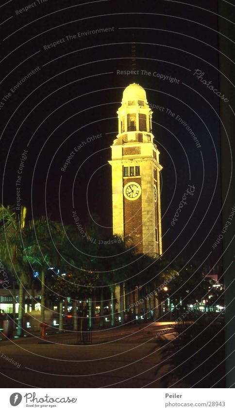 Hong Kong at the port Clock Tower clock Night Yellow Black Architecture