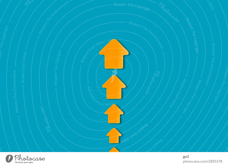 Arrows up Economy Logistics Career Success Paper Sign Signs and labeling Signage Warning sign Esthetic Above Blue Orange Optimism Power Willpower Brave