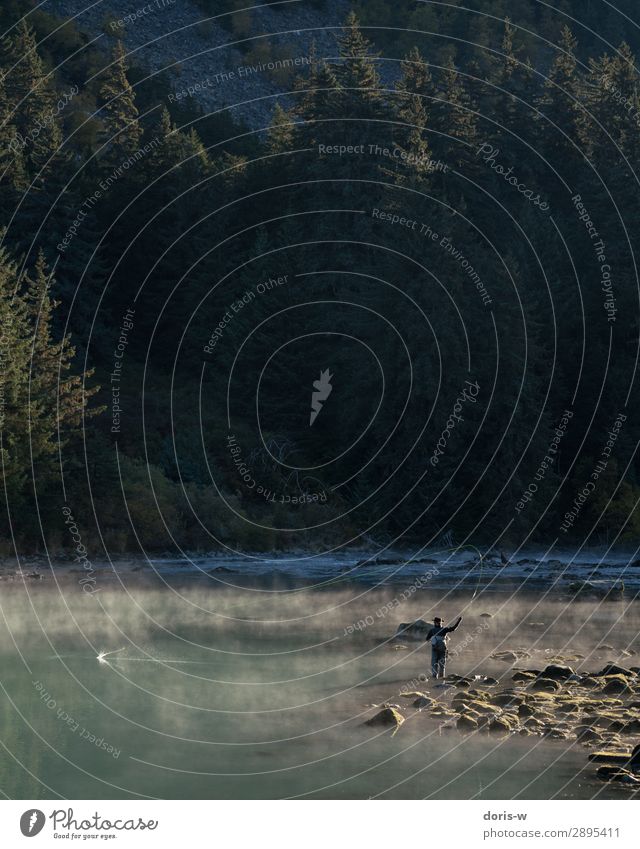 dawn fishing Fishing (Angle) Adventure 1 Human being Nature Landscape Water Forest River bank Brook Fly fishing Fog Shroud of fog Contrast Fisherman Endurance