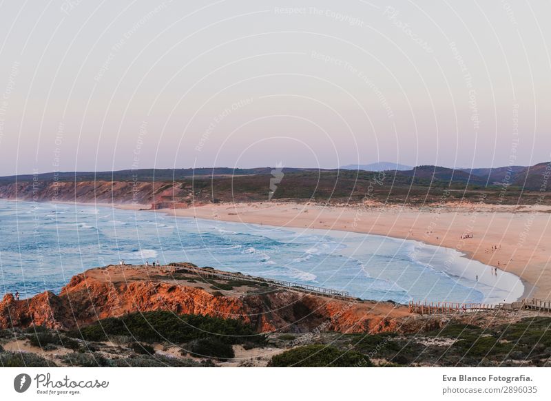 Landscape of Bordeira beach, Portugal, Algarve. Summer Beautiful Vacation & Travel Beach Ocean Island Waves Nature Sand Water Sky Horizon Sunrise Sunset