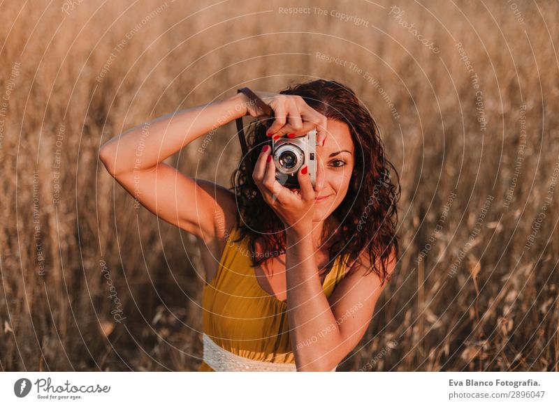 Young beautiful woman in yellow dress taking pictures Lifestyle Happy Beautiful Body Skin Vacation & Travel Freedom Summer Sun Camera Human being Feminine