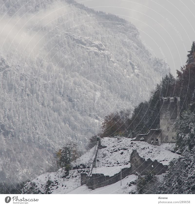 past Landscape Elements Air Clouds Winter Bad weather Fog Snow Forest Rock Alps Mountain Deserted Castle Ruin Tower Manmade structures Building Architecture