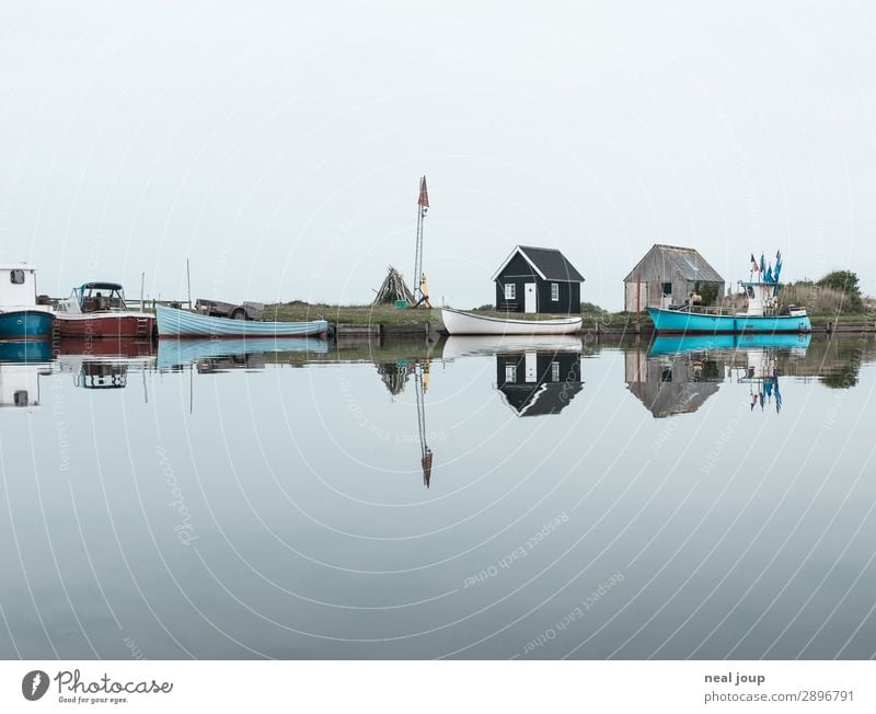 I see double Vacation & Travel Landscape Water Cloudless sky Lakeside Fjord North Sea Denmark Fishing village Hut Fishermans hut Inland navigation Fishing boat