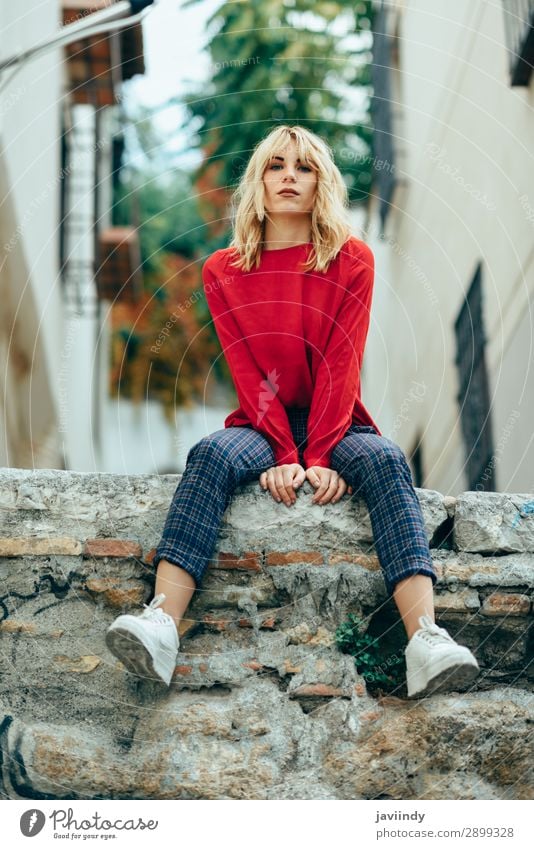 Blonde girl with red shirt enjoying life outdoors. Lifestyle Style Beautiful Hair and hairstyles Human being Feminine Young woman Youth (Young adults) Woman