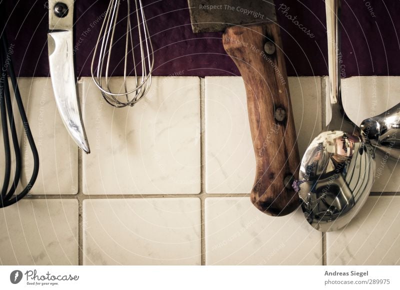 kitchen utensils Leisure and hobbies Living or residing Flat (apartment) Interior design Kitchen Spoon Knives Beater Old Gloomy Reflection Tile Colour photo