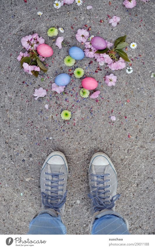 Easter .. dropped Woman Human being Legs Feet Easter egg Egg Feasts & Celebrations Tradition Multicoloured Colour Stand Street Asphalt Footwear lace-up shoes