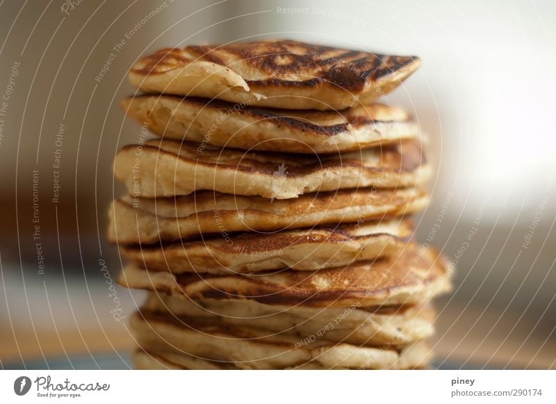 hotcakes Food Dough Baked goods Bread Cake Eating Breakfast Buffet Brunch Yellow Orange Pancake stack tower Colour photo Interior shot Close-up Detail