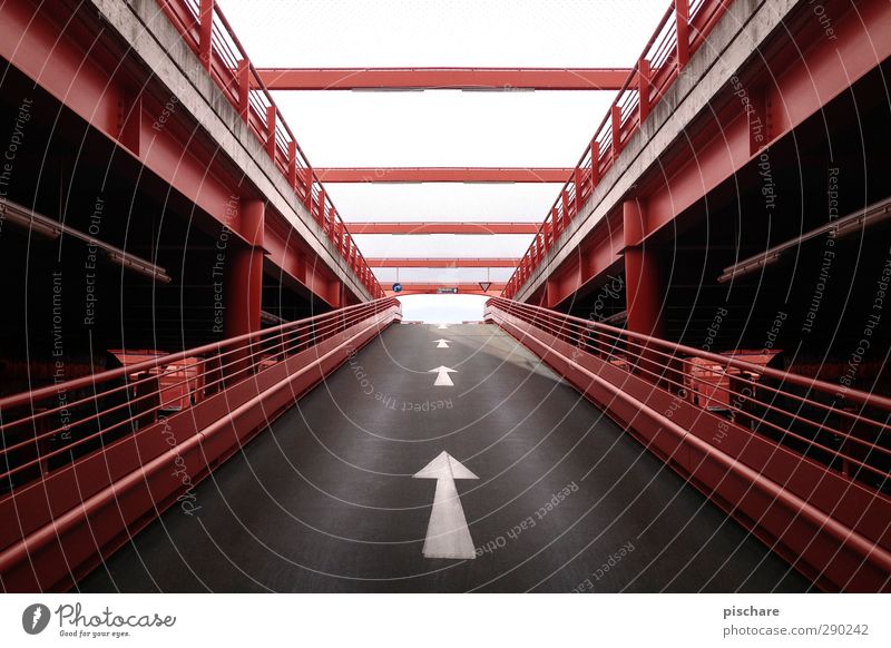 That way! Town Deserted Parking garage Street Dark Red Ground markings Colour photo Exterior shot Day Deep depth of field