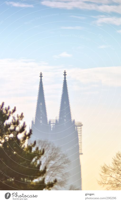 Still in the fog Cologne Cologne Cathedral Church Dome Manmade structures Building Architecture Tourist Attraction Landmark Blue White Bright Light blue Dark