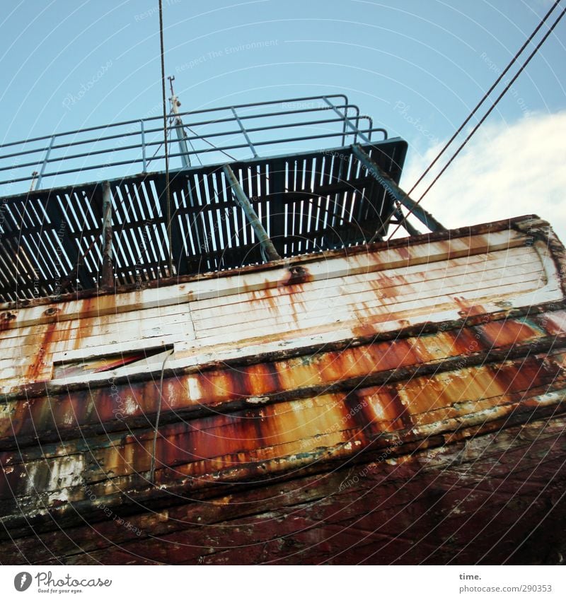 Counted Sea Bear Sky Clouds Beautiful weather Navigation Watercraft Wreck Bridge Ship's side Platform Lookout tower Rust Steel cable Old Gigantic Historic