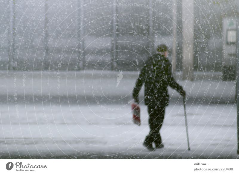 Old man with walking stick walks across snowy street Senior citizen Winter Snow Snowfall Traverse Street Male senior Man Human being Going Cold Walking stick