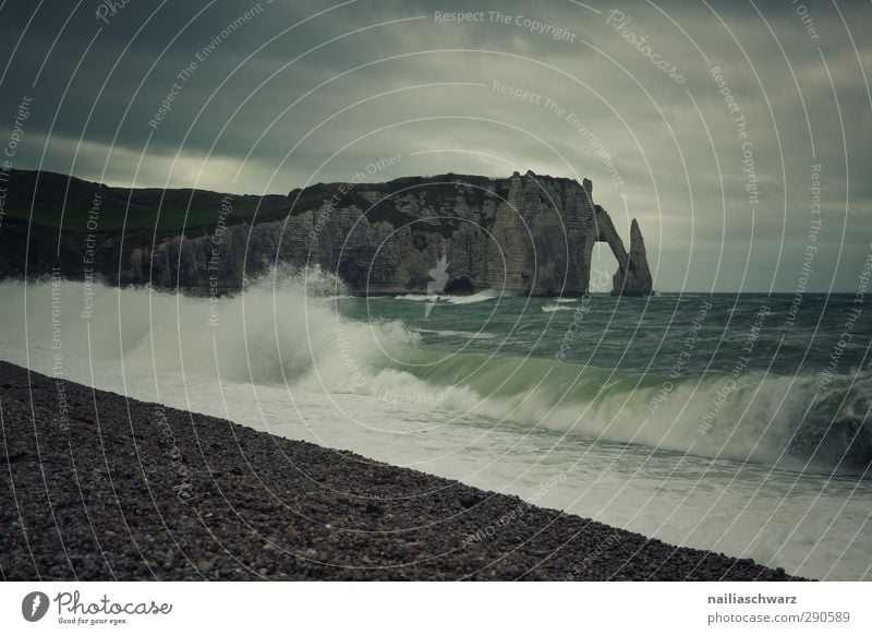 Étretat Environment Nature Landscape Sand Air Water Sky Clouds Storm clouds Summer Autumn Weather Bad weather Wind Gale Waves Coast Lakeside Beach Ocean