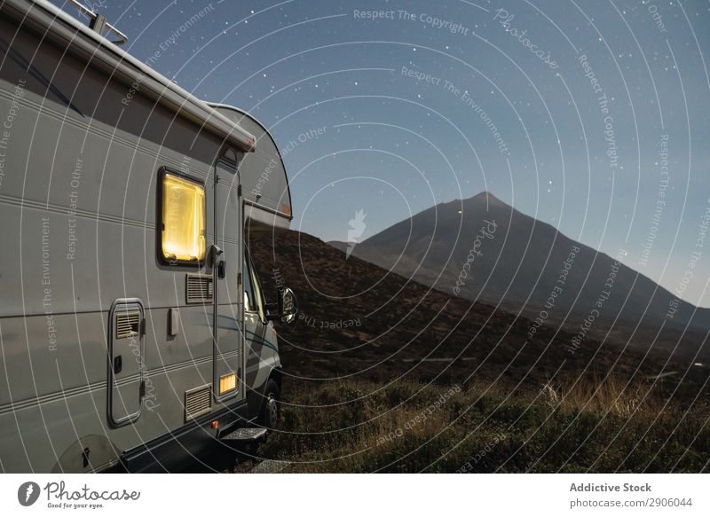 camper van on hill at night Night Sky Stars Teide Tenerife Canaries Spain Mountain Hill Picturesque mobile house Amazing Heaven Landscape Nature